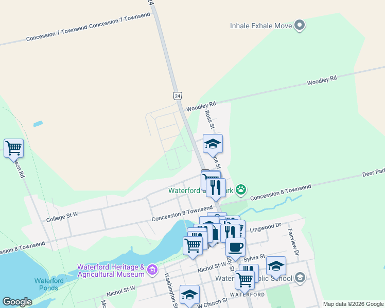 map of restaurants, bars, coffee shops, grocery stores, and more near 133 Main Street North in Waterford