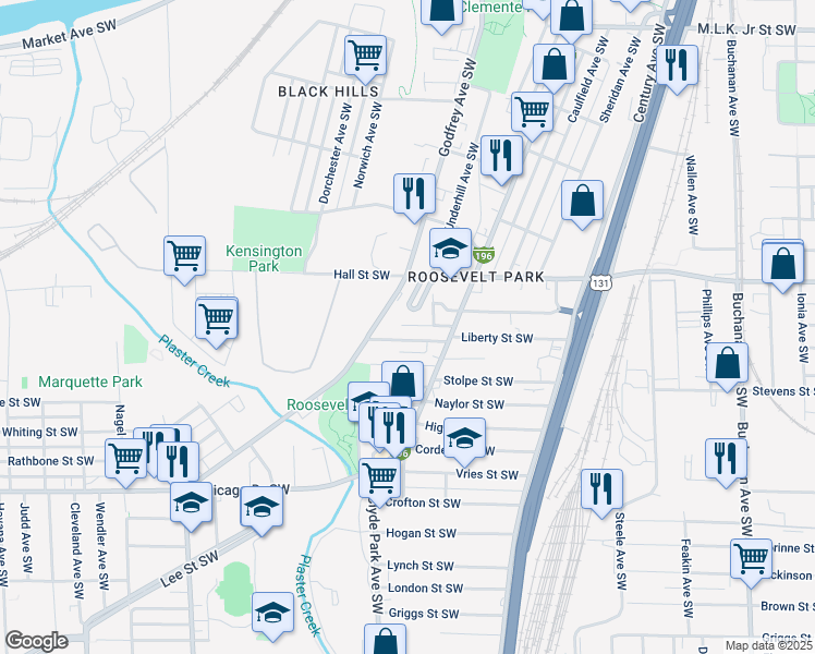 map of restaurants, bars, coffee shops, grocery stores, and more near 1265 Godfrey Avenue Southwest in Grand Rapids