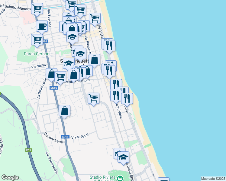 map of restaurants, bars, coffee shops, grocery stores, and more near 43 Via Cicerone in San Benedetto del Tronto