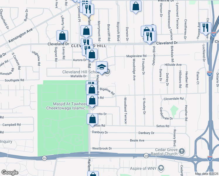 map of restaurants, bars, coffee shops, grocery stores, and more near 22 Bigelow Road in Cheektowaga