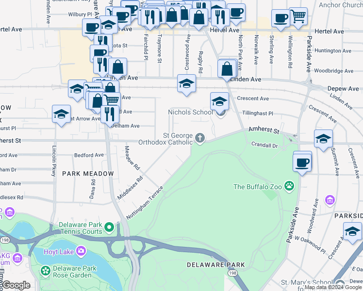map of restaurants, bars, coffee shops, grocery stores, and more near 1167 Amherst Street in Buffalo