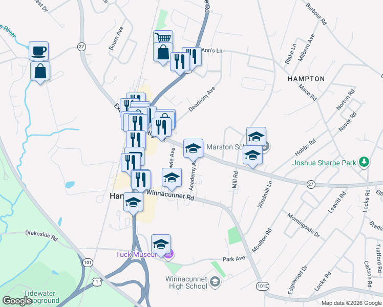 map of restaurants, bars, coffee shops, grocery stores, and more near 139 High Street in Hampton