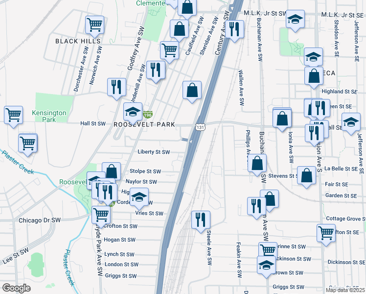 map of restaurants, bars, coffee shops, grocery stores, and more near 1251 Century Avenue Southwest in Grand Rapids