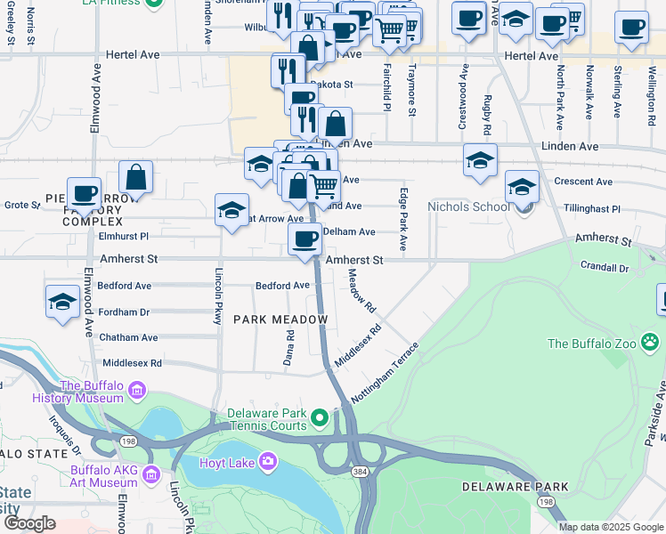 map of restaurants, bars, coffee shops, grocery stores, and more near 1011 Amherst Street in Buffalo