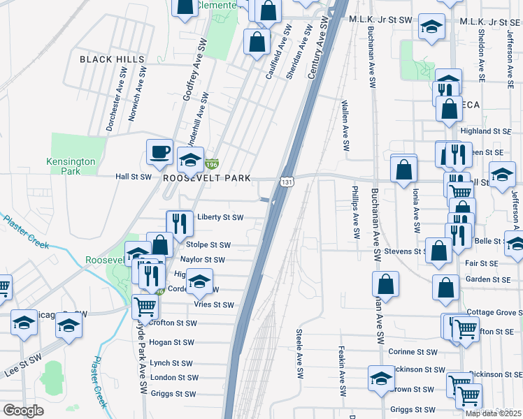 map of restaurants, bars, coffee shops, grocery stores, and more near 1251 Century Avenue Southwest in Grand Rapids