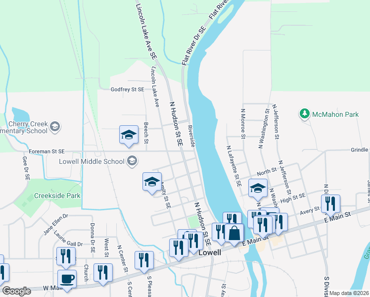 map of restaurants, bars, coffee shops, grocery stores, and more near 911 North Hudson Street Southeast in Lowell