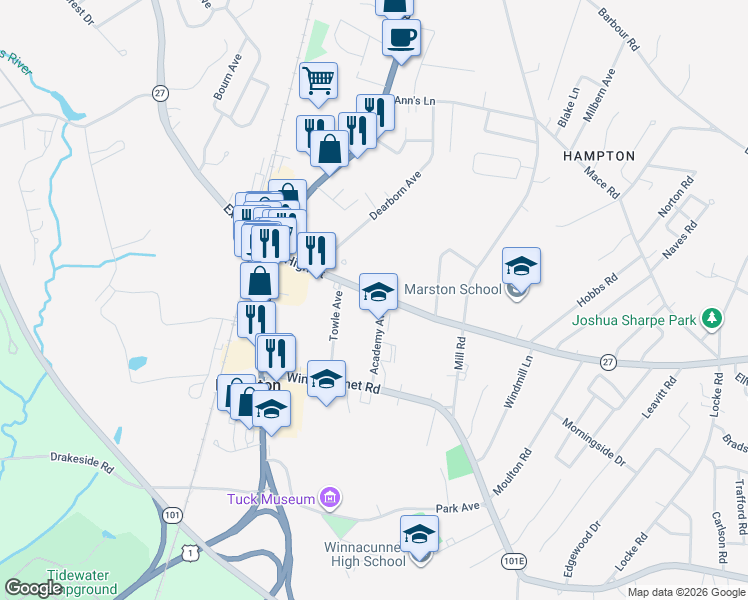 map of restaurants, bars, coffee shops, grocery stores, and more near 139 High Street in Hampton