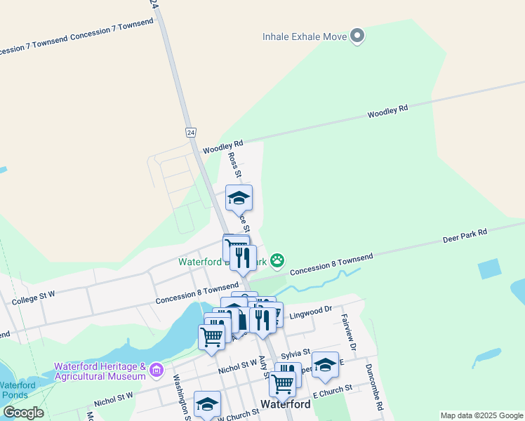 map of restaurants, bars, coffee shops, grocery stores, and more near 111 Bruce Street in Waterford
