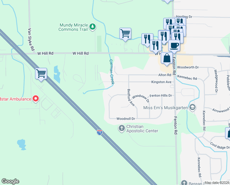 map of restaurants, bars, coffee shops, grocery stores, and more near 1417 Woodnoll Drive in Flint