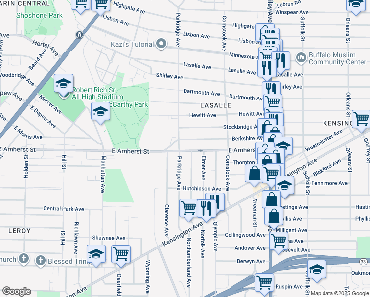 map of restaurants, bars, coffee shops, grocery stores, and more near 448 East Amherst Street in Buffalo