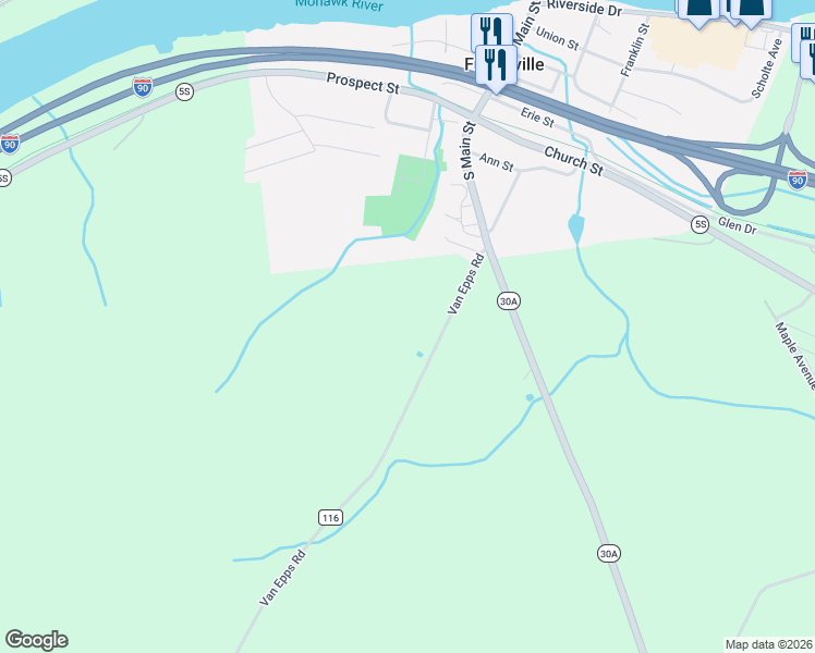 map of restaurants, bars, coffee shops, grocery stores, and more near 771 Van Epps Road in Fultonville