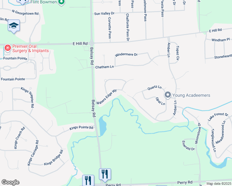 map of restaurants, bars, coffee shops, grocery stores, and more near 5496 Waters Edge Way in Grand Blanc