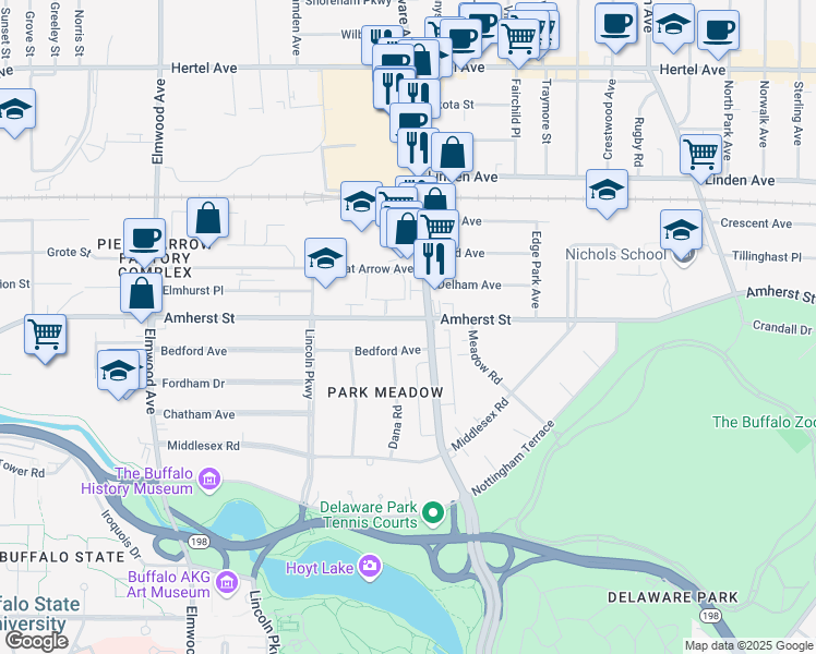 map of restaurants, bars, coffee shops, grocery stores, and more near 969 Amherst Street in Buffalo