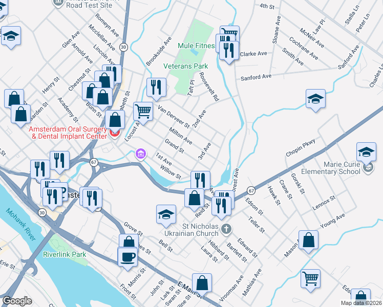 map of restaurants, bars, coffee shops, grocery stores, and more near 45 1/2 Milton Avenue in Amsterdam