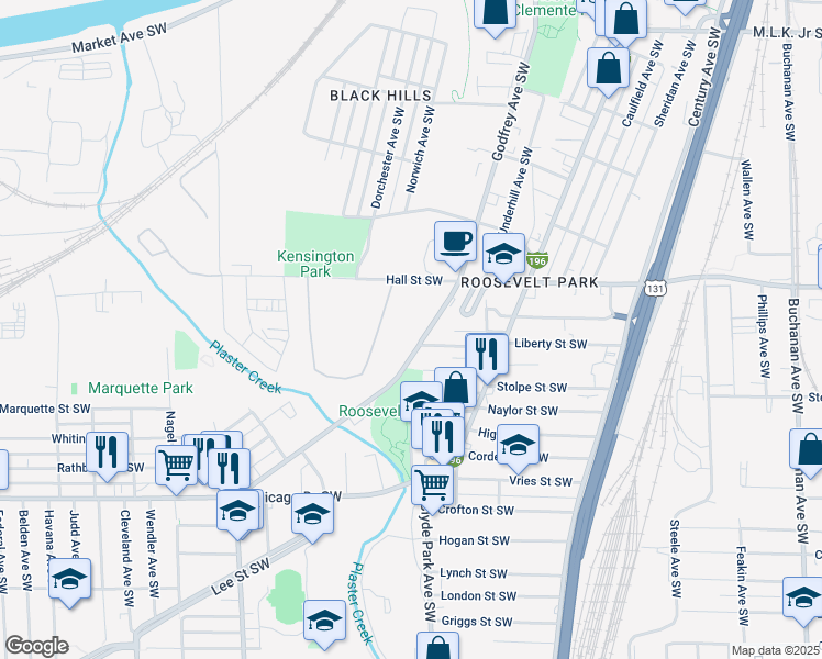 map of restaurants, bars, coffee shops, grocery stores, and more near 1265 Godfrey Avenue Southwest in Grand Rapids