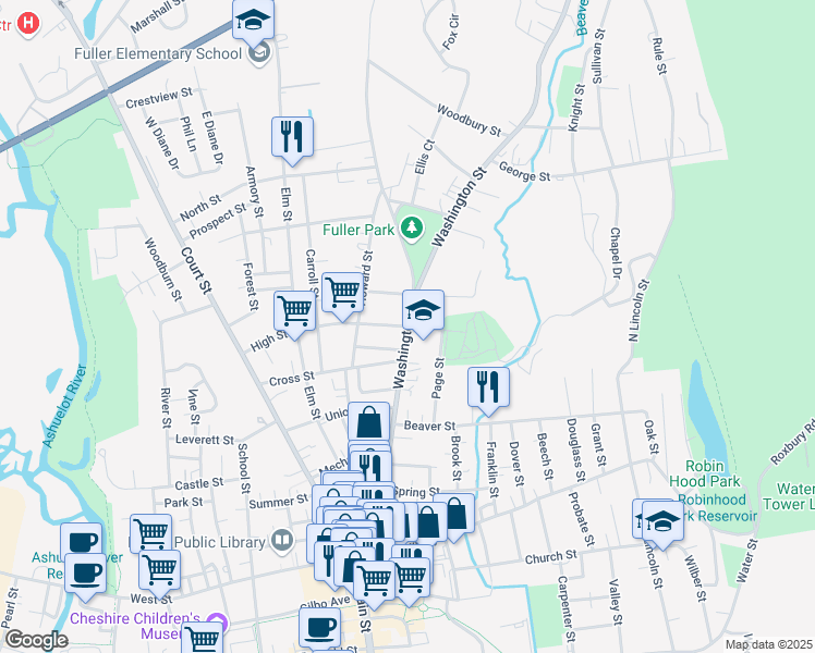 map of restaurants, bars, coffee shops, grocery stores, and more near 217 Washington Street in Keene