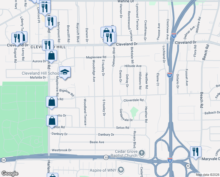 map of restaurants, bars, coffee shops, grocery stores, and more near 137 South Huxley Drive in Buffalo
