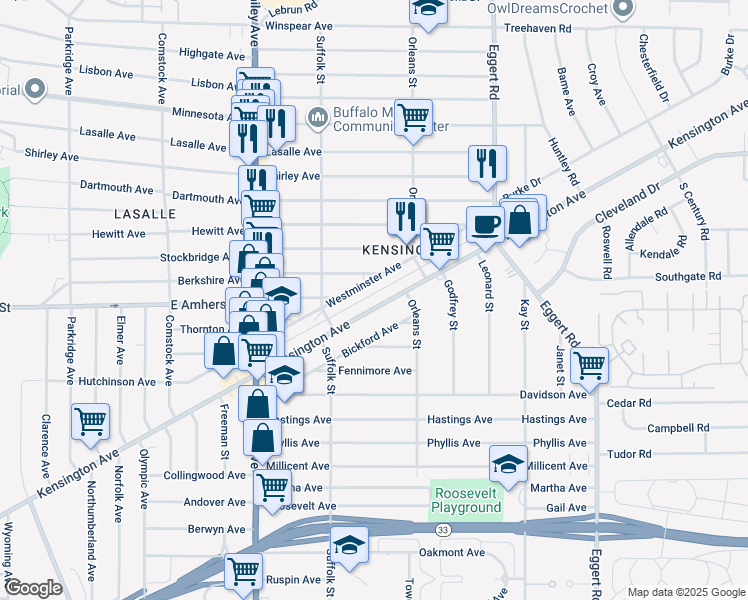 map of restaurants, bars, coffee shops, grocery stores, and more near 1278 Kensington Avenue in Buffalo