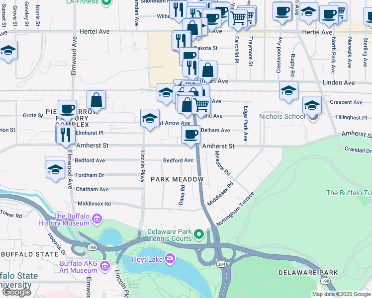 map of restaurants, bars, coffee shops, grocery stores, and more near 969 Amherst Street in Buffalo