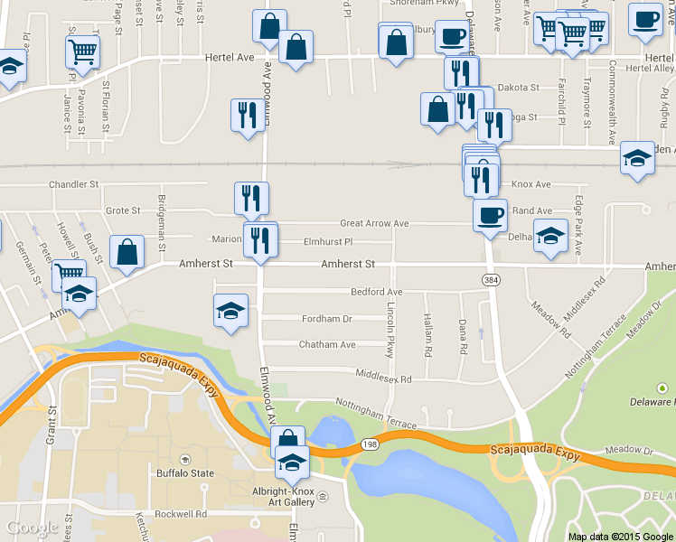 map of restaurants, bars, coffee shops, grocery stores, and more near 801 Amherst Street in Buffalo