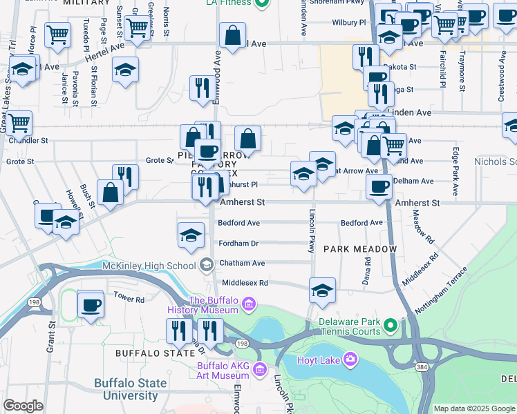 map of restaurants, bars, coffee shops, grocery stores, and more near 759 Amherst Street in Buffalo