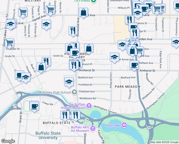 map of restaurants, bars, coffee shops, grocery stores, and more near 759 Amherst Street in Buffalo