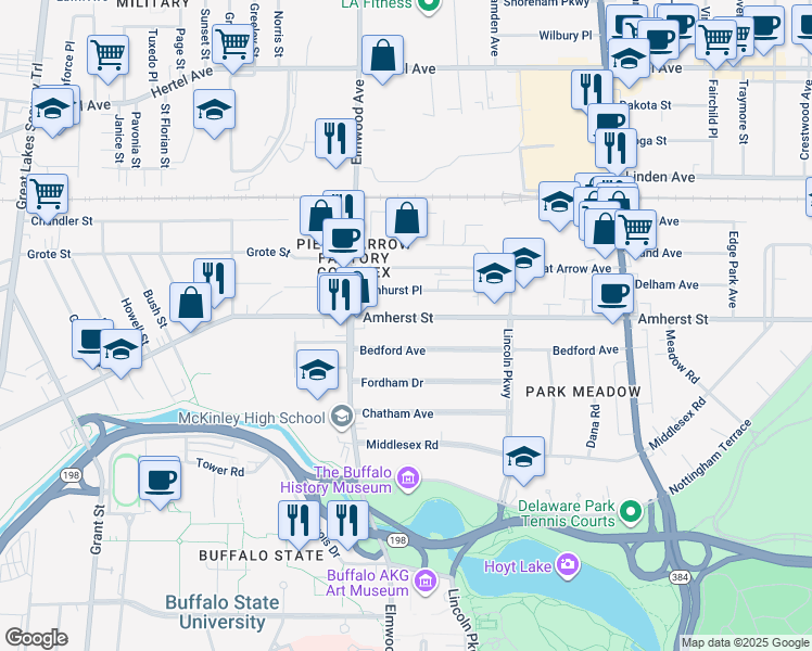map of restaurants, bars, coffee shops, grocery stores, and more near 759 Amherst Street in Buffalo