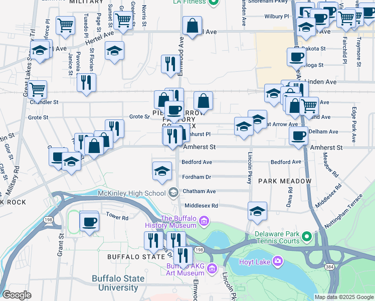 map of restaurants, bars, coffee shops, grocery stores, and more near 723 Amherst Street in Buffalo