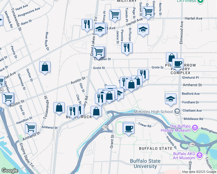 map of restaurants, bars, coffee shops, grocery stores, and more near 121 Germain Street in Buffalo