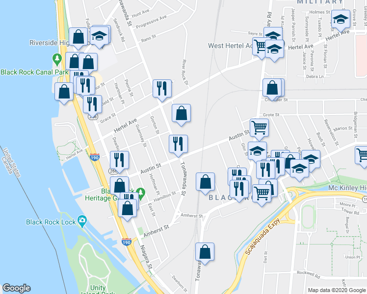 map of restaurants, bars, coffee shops, grocery stores, and more near 395 Tonawanda Street in Buffalo
