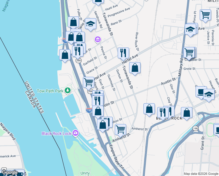 map of restaurants, bars, coffee shops, grocery stores, and more near 119 Farmer Street in Buffalo
