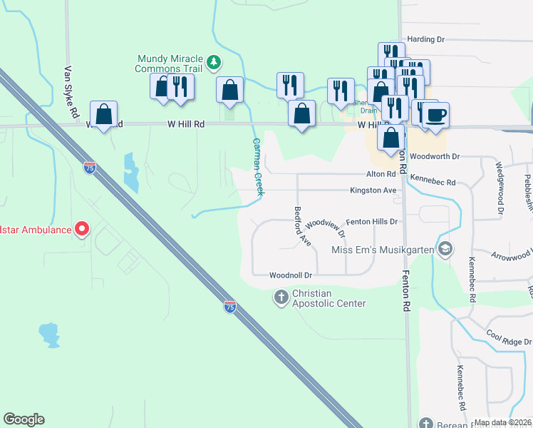 map of restaurants, bars, coffee shops, grocery stores, and more near 1417 Woodnoll Drive in Flint