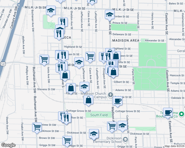map of restaurants, bars, coffee shops, grocery stores, and more near 1230 Cass Avenue Southeast in Grand Rapids