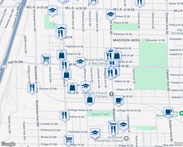 map of restaurants, bars, coffee shops, grocery stores, and more near 1230 Cass Avenue Southeast in Grand Rapids