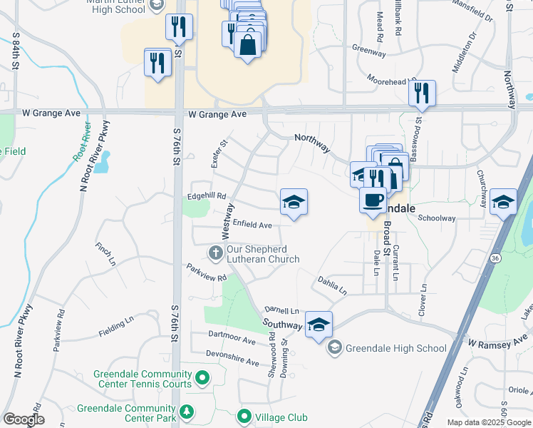 map of restaurants, bars, coffee shops, grocery stores, and more near 7211 Edgehill Road in Greendale