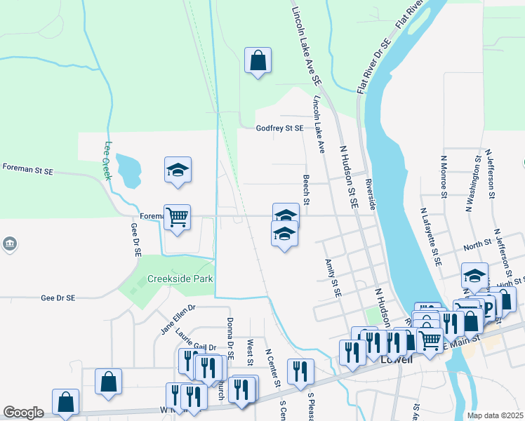 map of restaurants, bars, coffee shops, grocery stores, and more near 781 Foreman Street Southeast in Lowell
