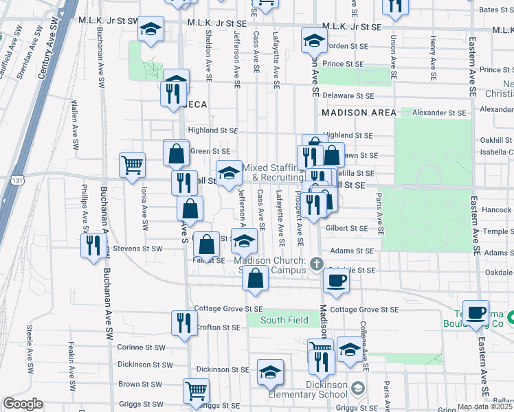 map of restaurants, bars, coffee shops, grocery stores, and more near 1235 Cass Avenue Southeast in Grand Rapids
