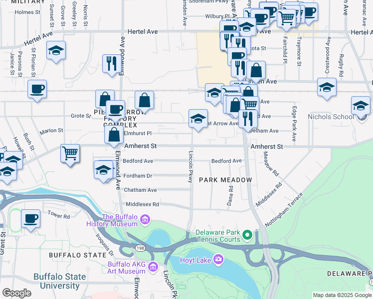 map of restaurants, bars, coffee shops, grocery stores, and more near 398 Lincoln Parkway in Buffalo