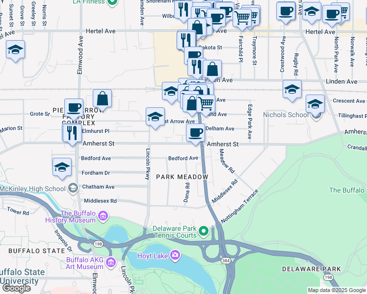 map of restaurants, bars, coffee shops, grocery stores, and more near 949 Amherst Street in Buffalo