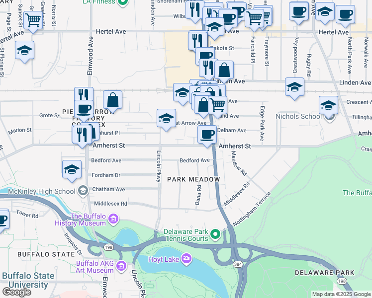 map of restaurants, bars, coffee shops, grocery stores, and more near 925 Amherst Street in Buffalo