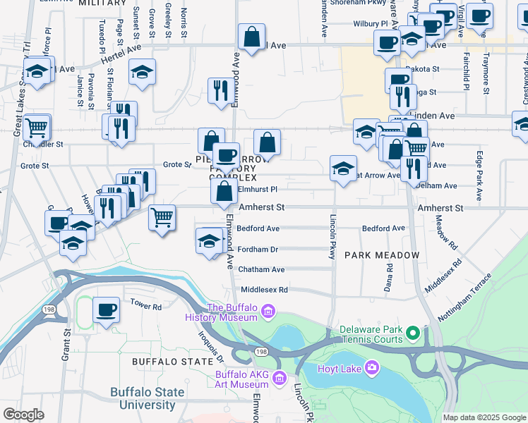 map of restaurants, bars, coffee shops, grocery stores, and more near 747 Amherst Street in Buffalo