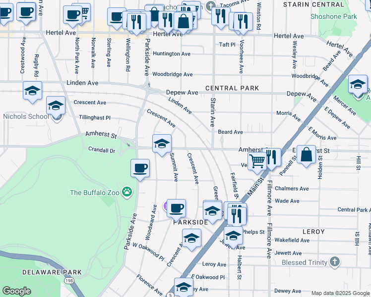 map of restaurants, bars, coffee shops, grocery stores, and more near Amherst Street & Crescent Avenue in Buffalo