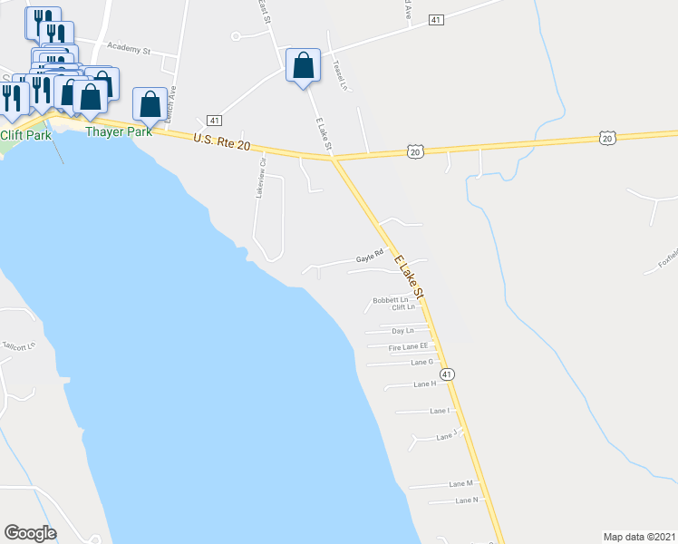 map of restaurants, bars, coffee shops, grocery stores, and more near 6 Gayle Road in Skaneateles