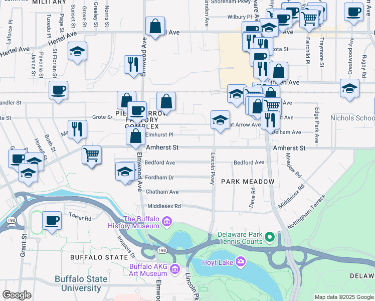 map of restaurants, bars, coffee shops, grocery stores, and more near 801 Amherst Street in Buffalo