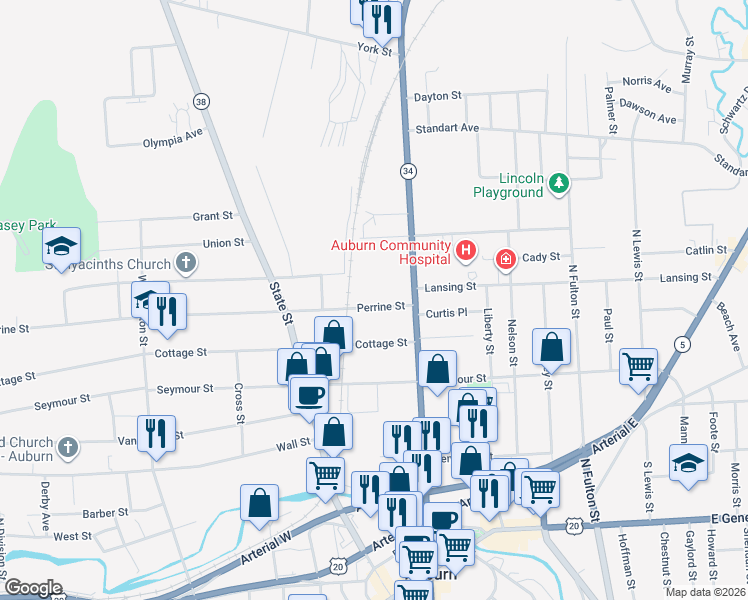 map of restaurants, bars, coffee shops, grocery stores, and more near 15 Perrine Street in Auburn