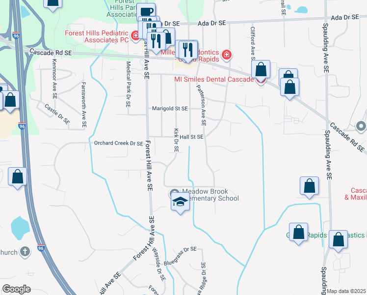 map of restaurants, bars, coffee shops, grocery stores, and more near 4725 East Kirk Court Southeast in Grand Rapids