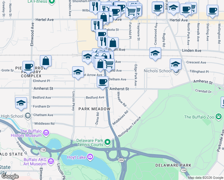map of restaurants, bars, coffee shops, grocery stores, and more near 1011 Amherst Street in Buffalo