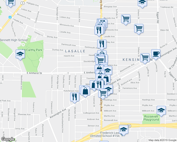 map of restaurants, bars, coffee shops, grocery stores, and more near 584 East Amherst Street in Buffalo