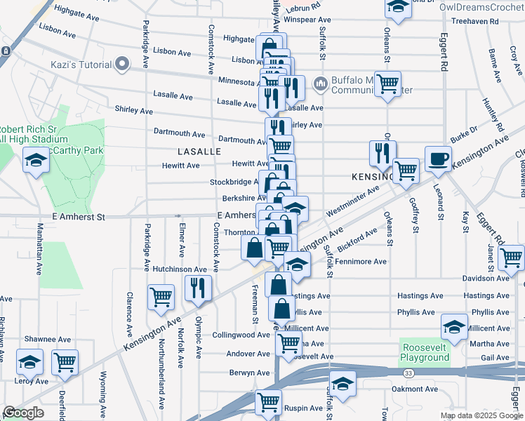 map of restaurants, bars, coffee shops, grocery stores, and more near 622 East Amherst Street in Buffalo