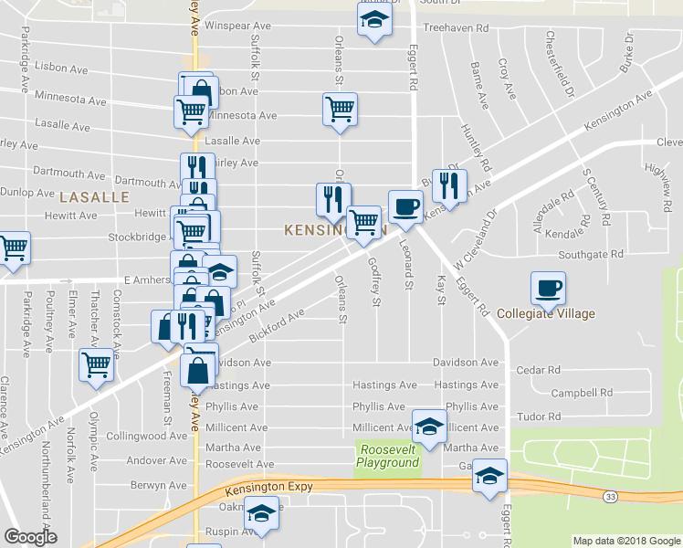 map of restaurants, bars, coffee shops, grocery stores, and more near 1313 Kensington Avenue in Buffalo